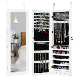 Costway - Wall Door Mounted Mirror Jewelry Cabinet Organizer w/LED Light - White