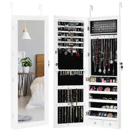 Front. Costway - Wall Door Mounted Mirror Jewelry Cabinet Organizer w/LED Light - White.