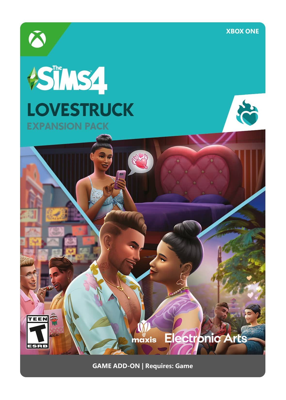 XBOX ONE The SIMS4 LOVESTRUCK EXPANSION PACK TEEN T ESRB maxis Electronic Arts GAME ADD-ON I Requires: Game