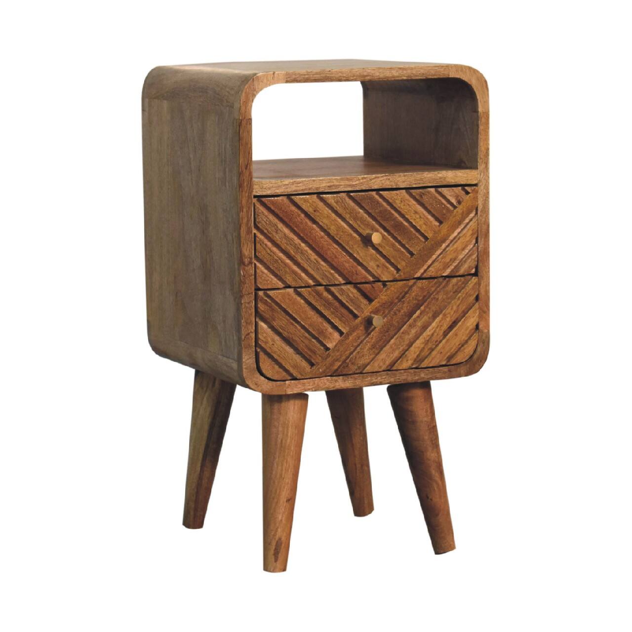 Left. Artisan Furniture - Artisan Furniture Solid Wood Mini Lille Curved Nightstand, 2 Drawers, 1 Open-slot, Nordic legs, Light Brown - Oak.