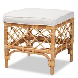 bali & pari - Orchard Modern Bohemian Fabric Upholstered and Natural Brown Rattan Ottoman - White/Natural Brown