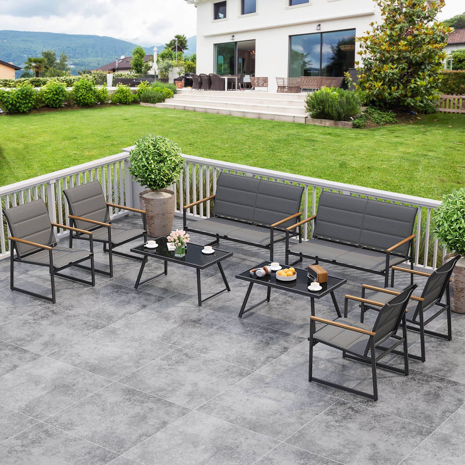 Alt View 1. Costway - Costway 8 PCS Patio Furniture Setwith Padded Fabric Seat & Wood-Plastic Armrests Table - Gray.