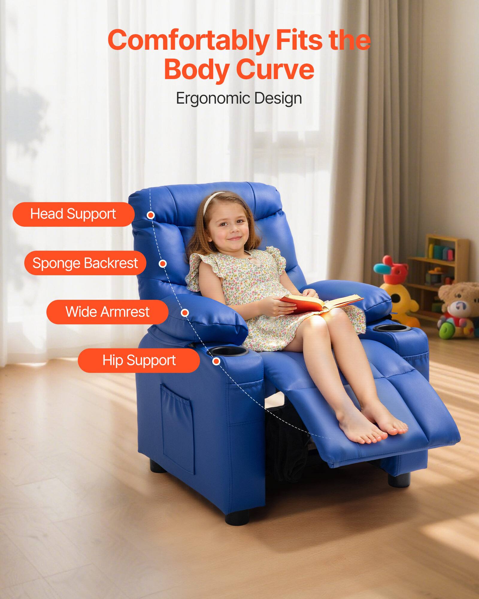 Comfortably Fits the Body Curve  
Ergonomic Design  

- Head Support  
- Sponge Backrest  
- Wide Armrest  
- Hip Support