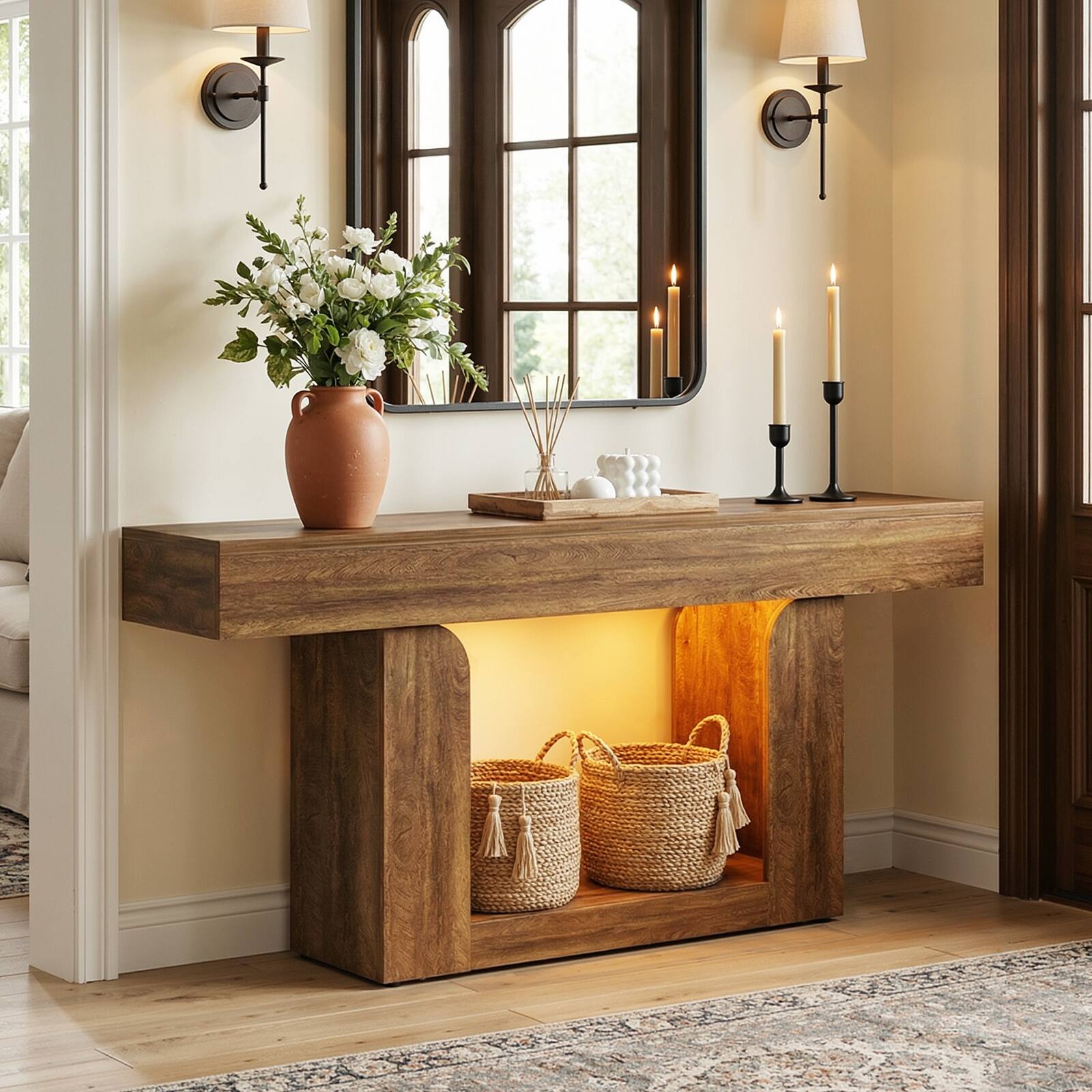 Back. Aheaplus - 63" Farmhouse Console Table - LED Lights & Charging Station, Narrow Sofa Table for Entryway, Living Room & Hallway - Black and Rustic.