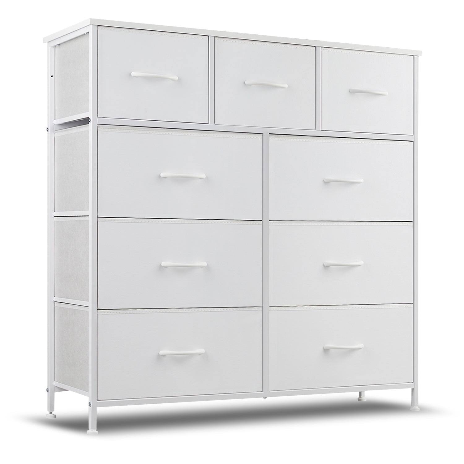 Angle. AOITUN - 9 Drawers Dresser for Bedroom, Tall Fabric Closet Chests Organizer Tower Furniture with Wooden Top Metal Frame - White.