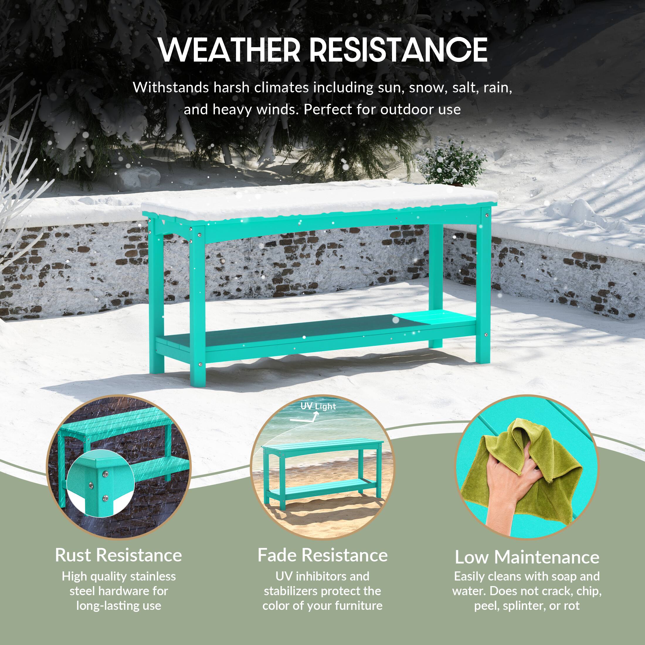 WEATHER RESISTANCE  
Withstands harsh climates including sun, snow, salt, rain, and heavy winds. Perfect for outdoor use.

- Rust Resistance  
  High quality stainless steel hardware for long-lasting use

- Fade Resistance  
  UV inhibitors and stabilizers protect the color of your furniture

- Low Maintenance  
  Easily cleans with soap and water. Does not crack, chip, peel, splinter, or rot