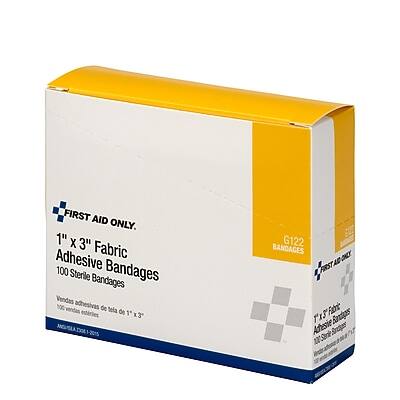 FIRST AID ONLY.

1" x 3" Fabric Adhesive Bandages

100 Sterile Bandages

Vendas adhesivas 100 vendas de tela de 1 x 3"

G122

BANDAGES

AC DALY

Fitbre Andps Adesie Sak Drespar

12
