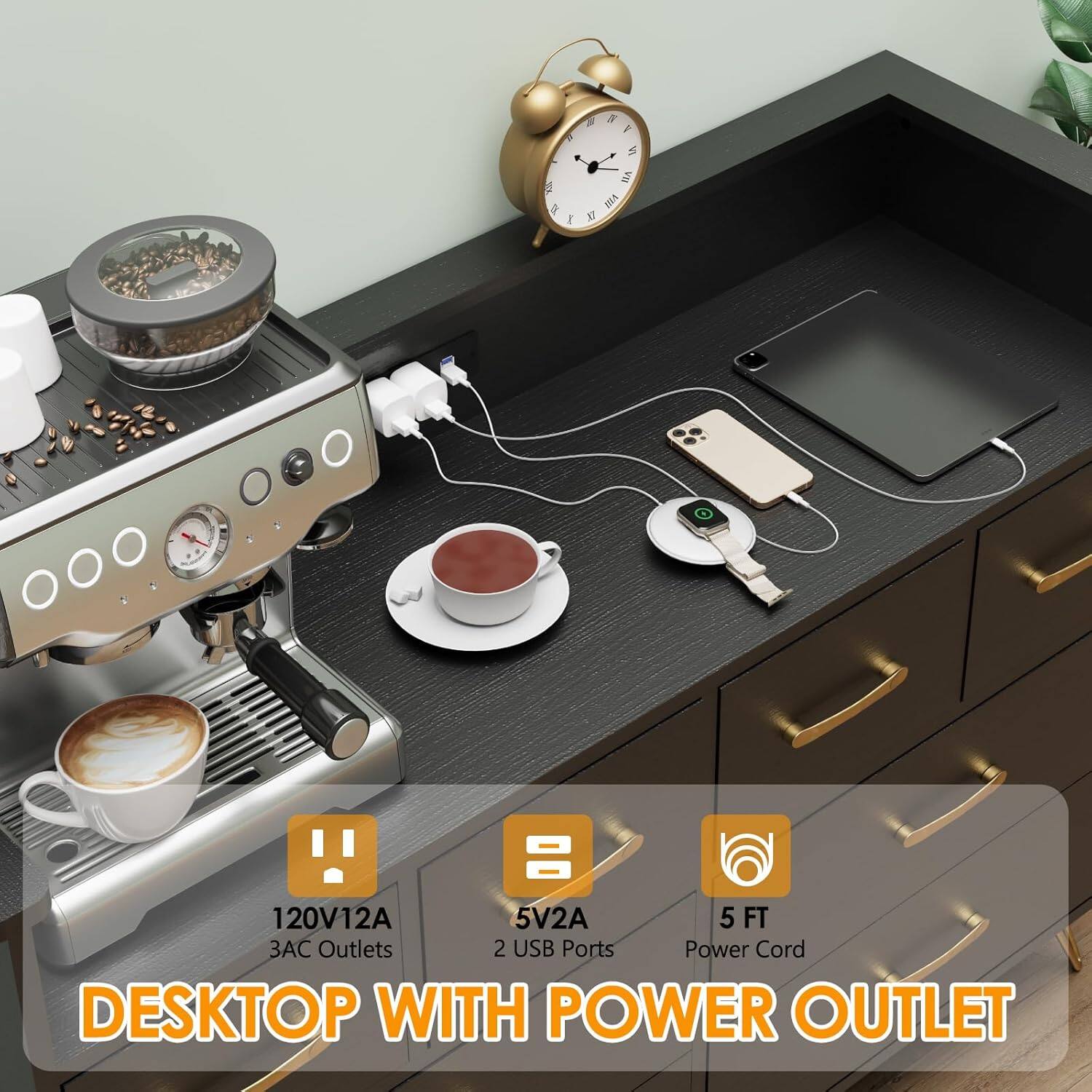 DESKTOP WITH POWER OUTLET

- 120V12A
- 3AC Outlets
- 5V2A
- 2 USB Ports
- 5 FT Power Cord