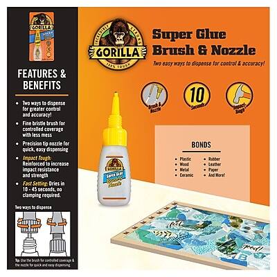 **GORILLA Super Glue Brush & Nozzle**

**FEATURES & BENEFITS**

- **Two ways to dispense** for greater control and accuracy!
  - Fine bristle brush for controlled coverage with less mess
  - Precision tip nozzle for quick, easy dispensing

- **Impact Tough** Reinforced to increase impact resistance and strength

- **Fast Setting** Dries in 10-45 seconds, no clamping required

- **Incredibly Strong** Super Glue

**BONDS**

- Plastic
- Rubber
- Wood
- Leather
- Metal
- Paper
- Ceramic
- And More!

**Two easy ways to dispense for control & accuracy!**

- **10 Seconds** Fast Setting

- **Brush & Nozzle** for easy application

**Use the nozzle for precise application and the brush for broader coverage.**