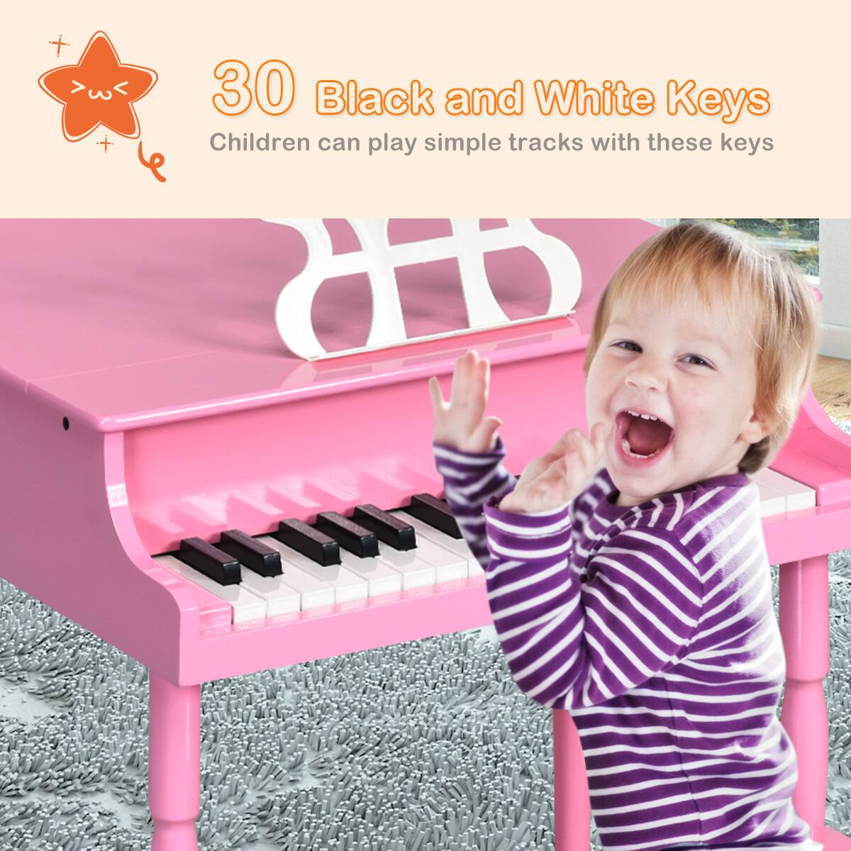 The text on the image reads: "30 Black and White Keys Children can play simple tracks with these keys."