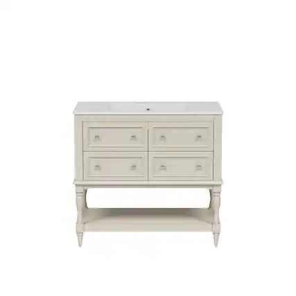 Front. Boyel Living - 36 Inch Modern Bathroom Vanity with Ceramic Sink Four Drawers Two Cabinets Beige - Off-white.