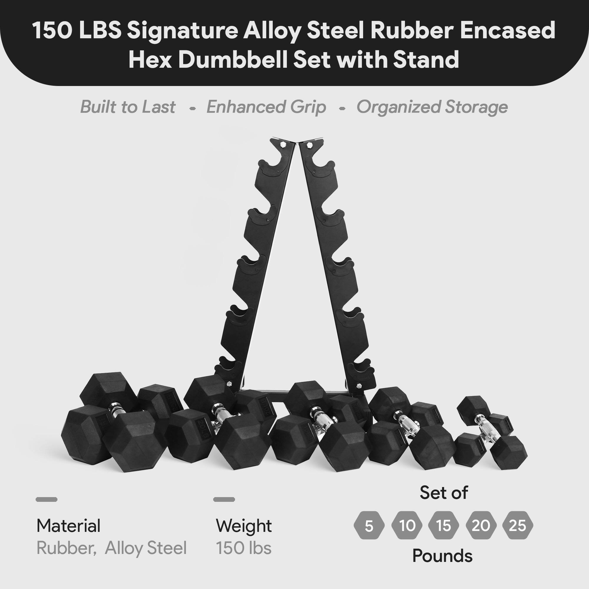 150 LBS Signature Alloy Steel Rubber Encased Hex Dumbbell Set with Stand

Built to Last - Enhanced Grip - Organized Storage

Material: Rubber, Alloy Steel

Weight: 150 lbs

Set of: 5, 10, 15, 20, 25 Pounds
