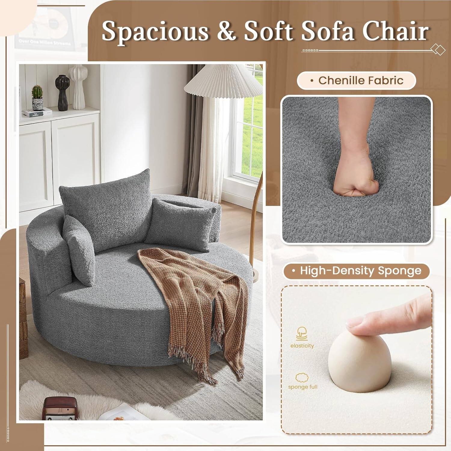 Spacious & Soft Sofa Chair

- Chenille Fabric
- High-Density Sponge

elasticity
sponge full