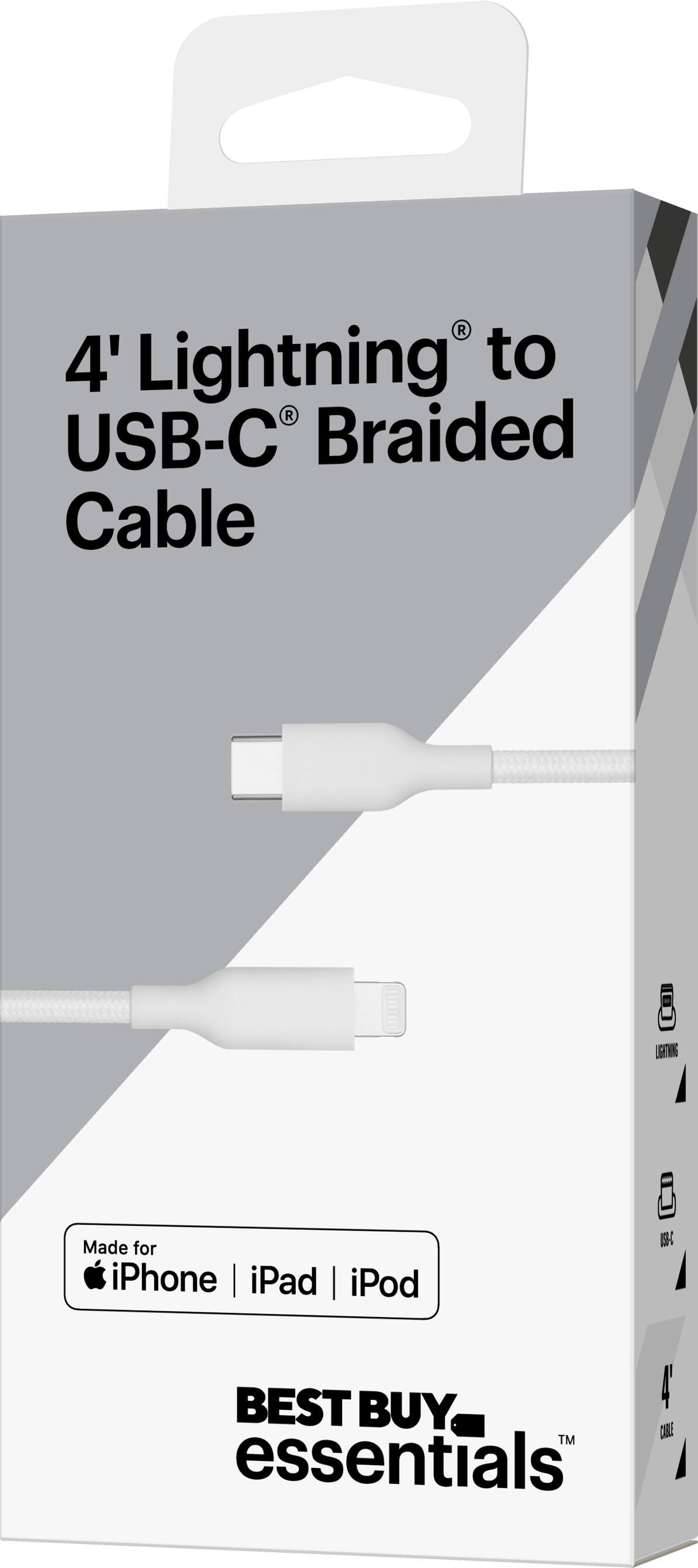 The text on the image reads: "4' Lightning to USB-C Braided Cable Made for iPhone iPad | iPod BEST BUY ESSENTIALS."