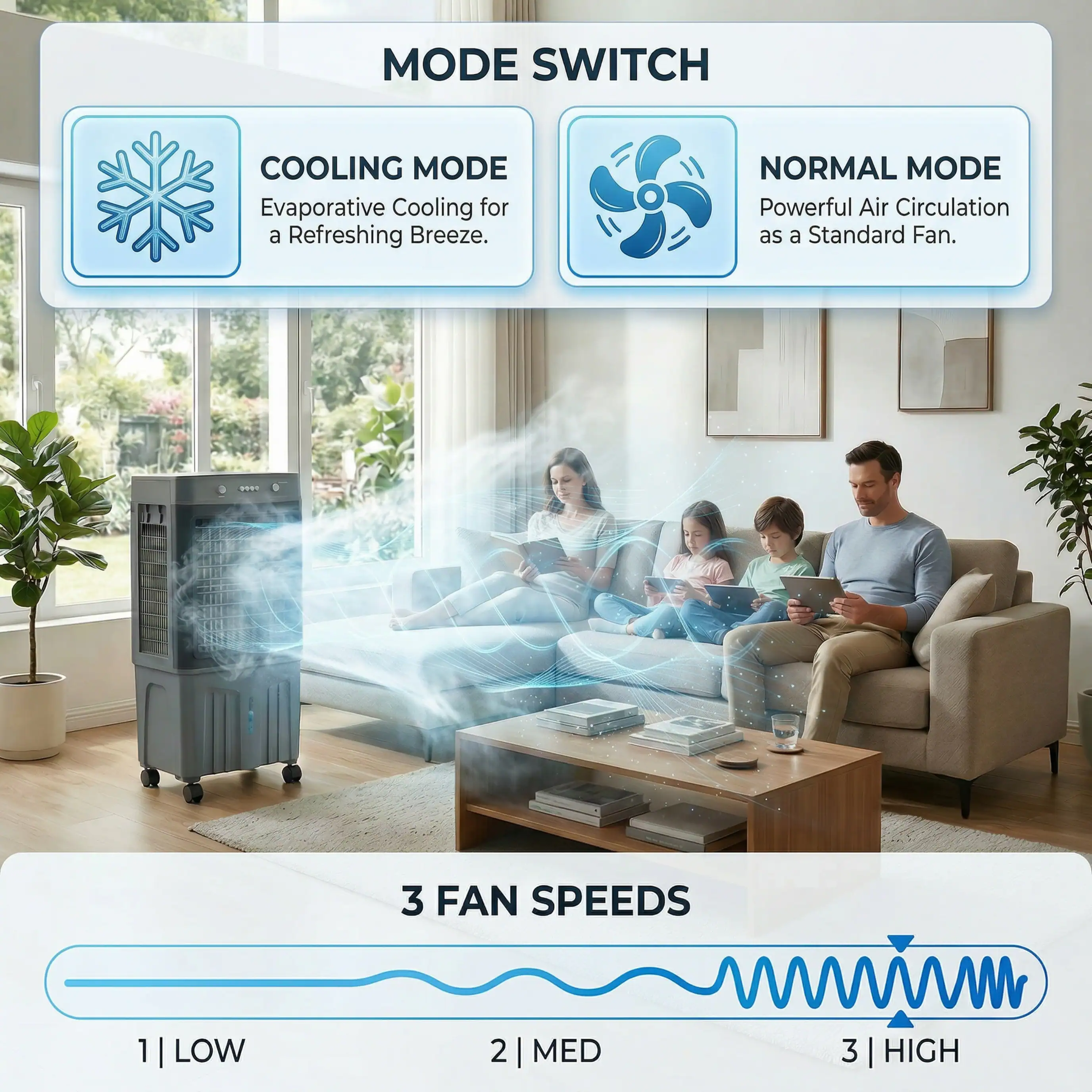 MODE SWITCH

COOLING MODE  
Evaporative Cooling for a Refreshing Breeze.

NORMAL MODE  
Powerful Air Circulation as a Standard Fan.

3 FAN SPEEDS  
1 | LOW  
2 | MED  
3 | HIGH