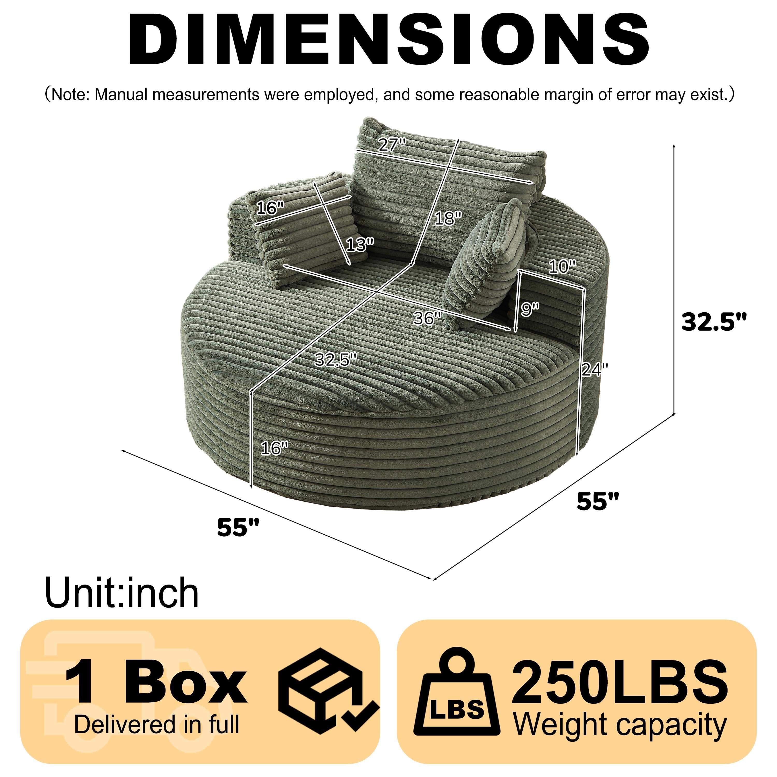 Roomtec - 55L Corduroy Sponge single sofaNo Assembly RequiredFluffy Modern Sleeper Chair for Living room Bedroom Lounge and - Green