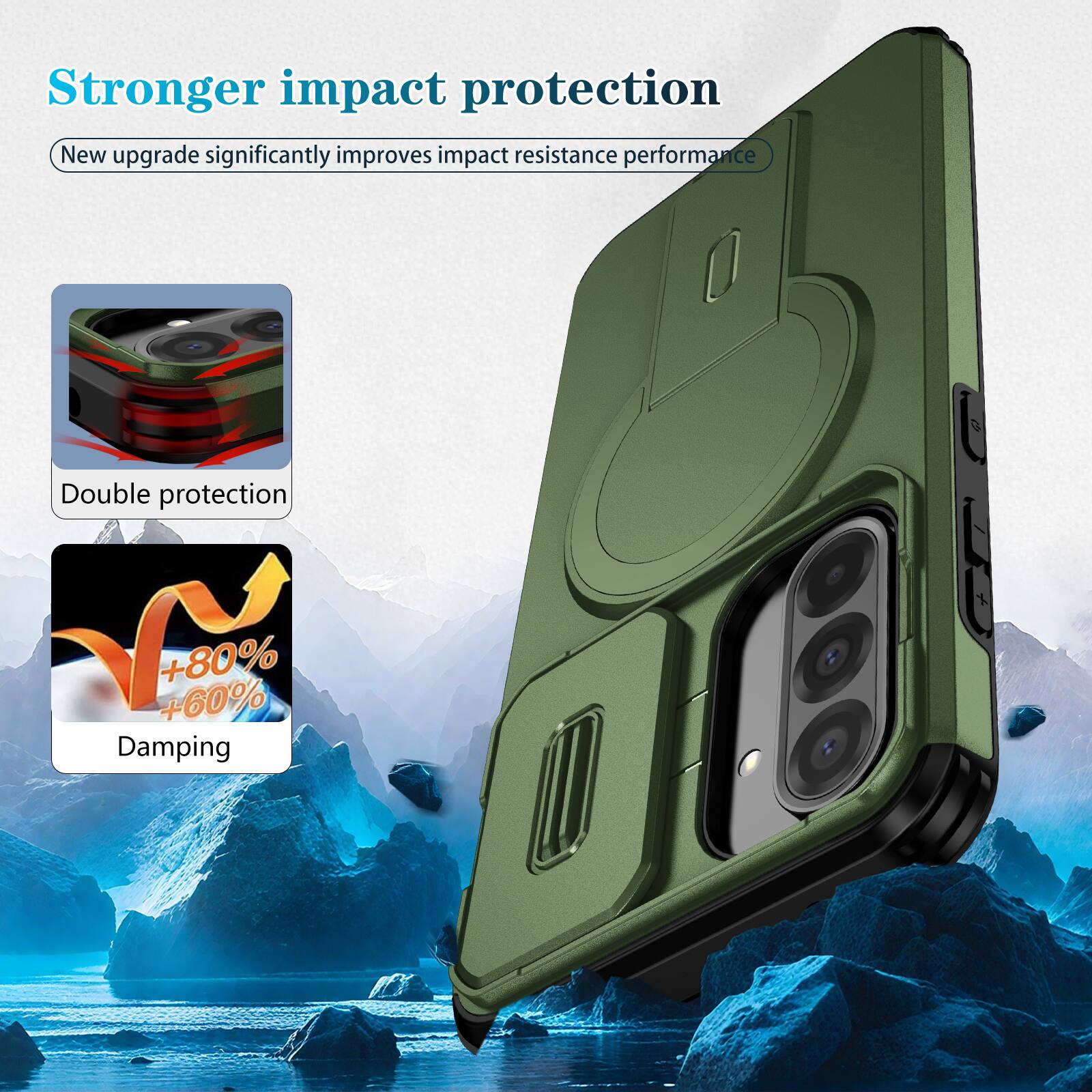 Stronger impact protection  
New upgrade significantly improves impact resistance performance  
Double protection  
+80% +60% Damping