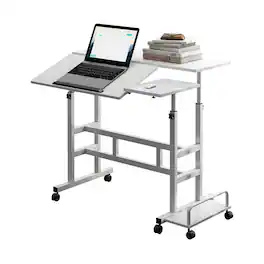 Babevy - Liftable Standing Desk, Portable Rolling Computer Desk with Lockable Casters, Adjustable Height, 2-Tier Workstation - White
