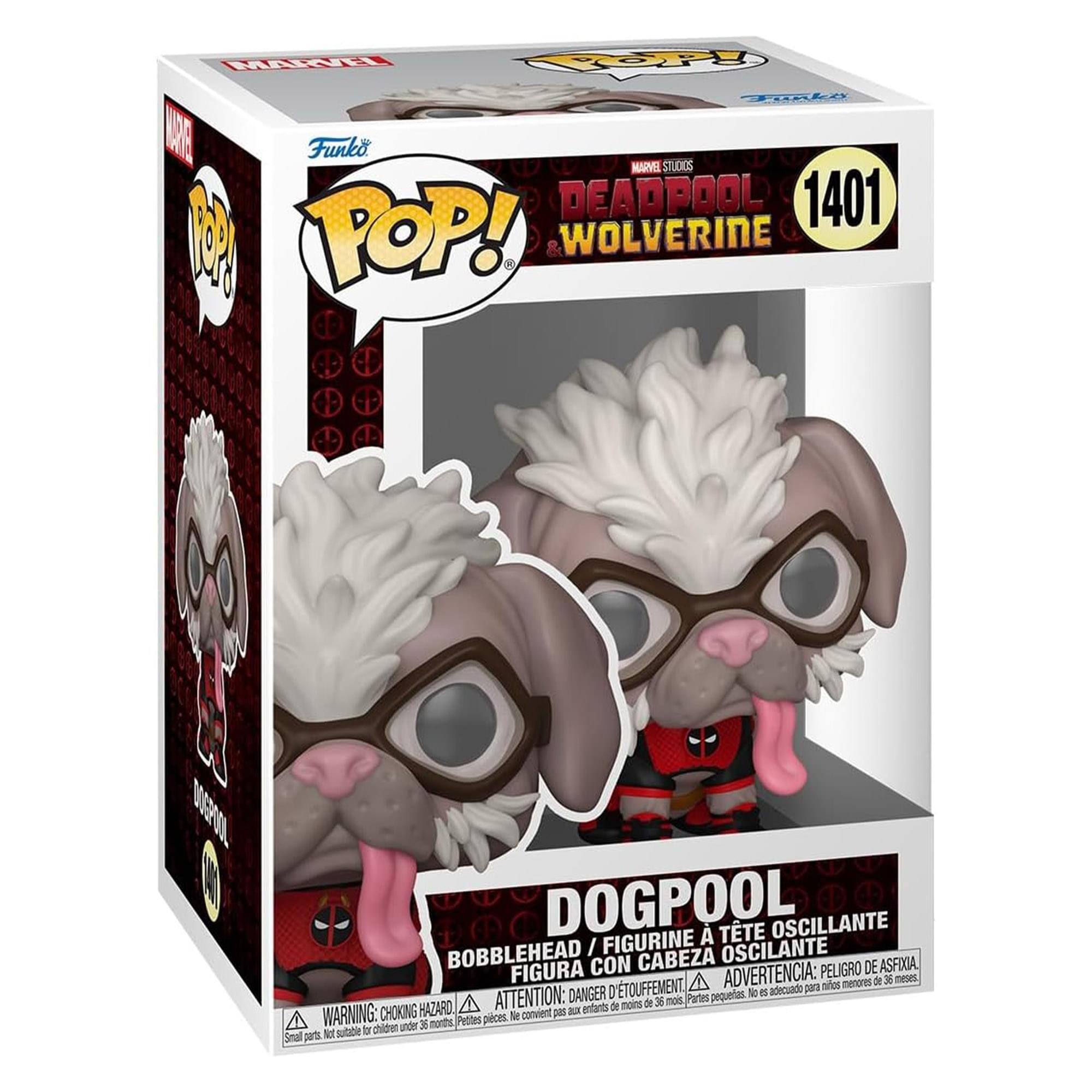 Sure, here is the corrected and grouped text from the image:

---

**Front:**
- MARVEL STUDIOS
- DEADPOOL & WOLVERINE
- 1401
- POP!
- DOGPOOL
- BOBBLEHEAD / FIGURINE À TÊTE OSCILLANTE / FIGURA CON CABEZA OSCILANTE
- ADVERTENCIA: PELIGRO DE ASFIXIA. ADVERTENCIA: DANGER D'ÉTOUFFEMENT. ATTENTION: CHOKING HAZARD. ATTENTION: SMALL PARTS. Not suitable for children under 3 years. Ne convient pas aux enfants de moins de 3 ans. Pequeñas piezas, es adecuado para niños de más de 36 meses.

**Side:**
- MARVEL
- POP!
- DOGPOOL

**Bottom:**
- WARNING: CHOKING HAZARD. ATTENTION: SMALL PARTS. Not suitable for children under 3 years. Ne convient pas aux enfants de moins de 3 ans. Pequeñas piezas, es adecuado para niños de más de 36 meses.

---