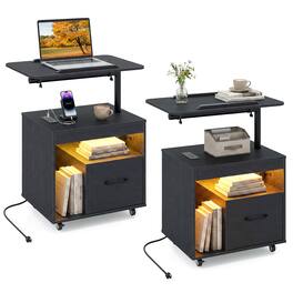 Costway - 2 PCS LED Nightstand with Power Outlets, Modern Bedside Table with Flip over - Black