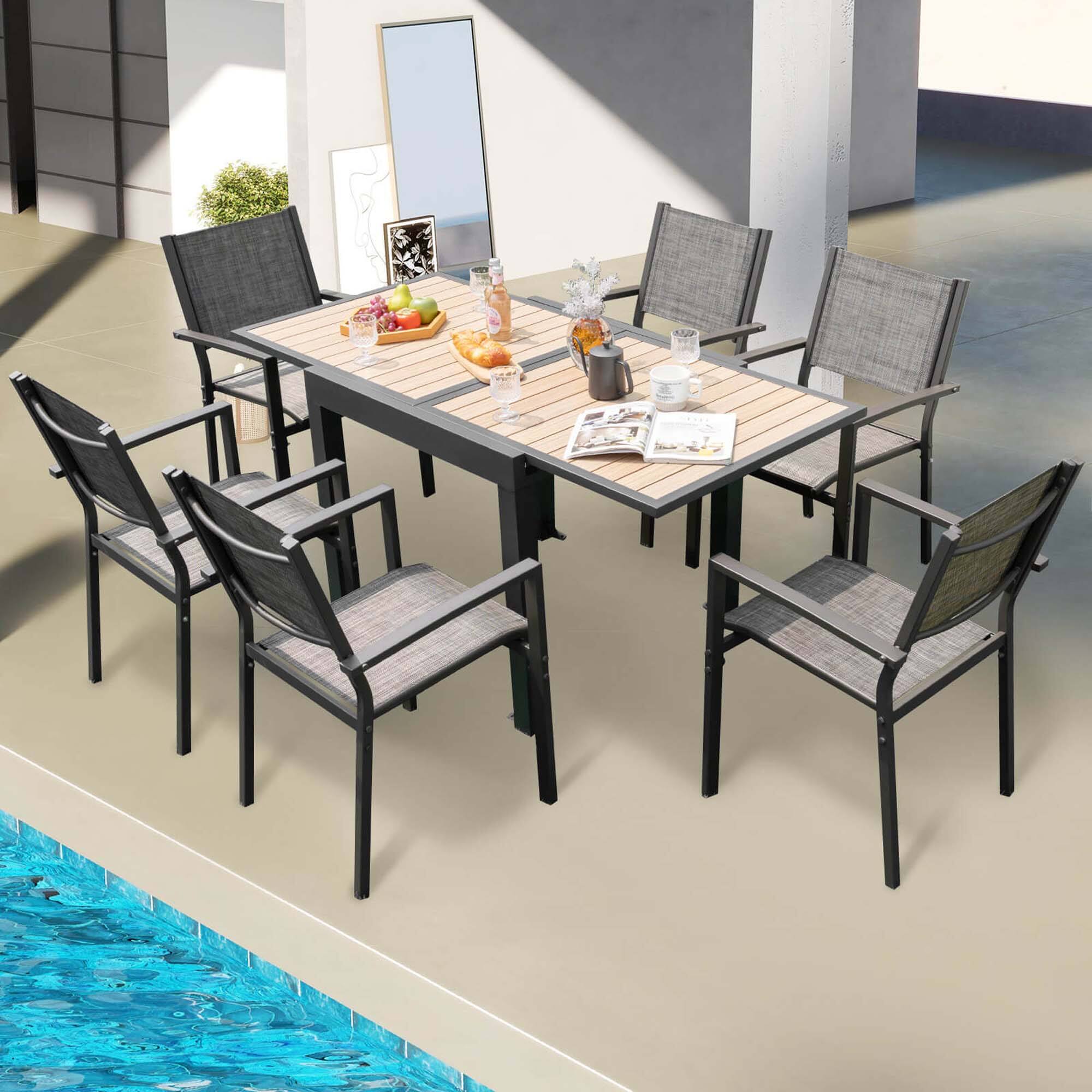 Back. Costway - 31.5"-63" Extendable Patio Table L-shaped Brace Included for Fixation Outdoor - Grey&Natural.