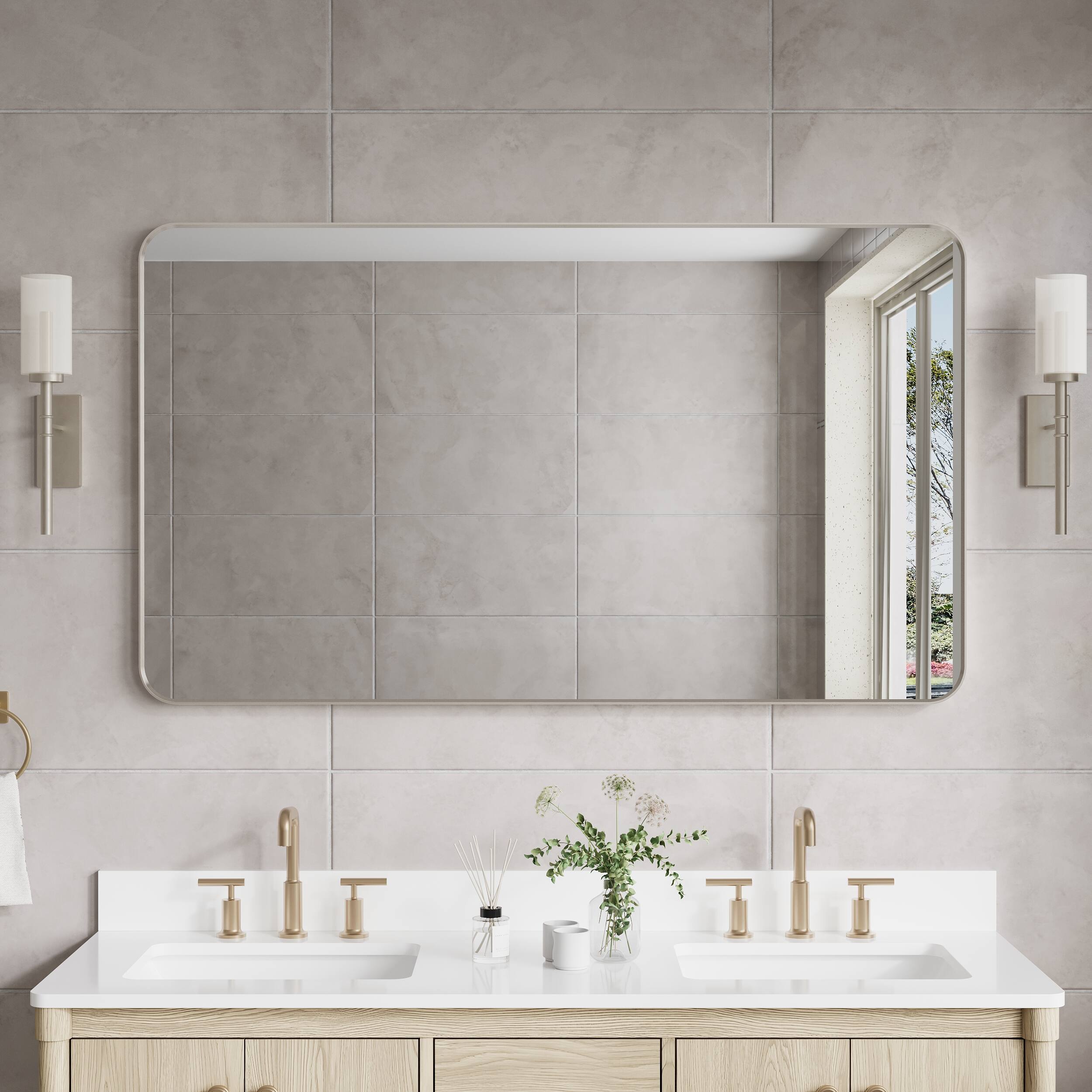 Left. WELLFOR - 55 in. W x 32 in. H Rectangular Aluminum Framed Wall Bathroom Vanity Mirror Large Hanging Mirrors - Brushed Nickel.