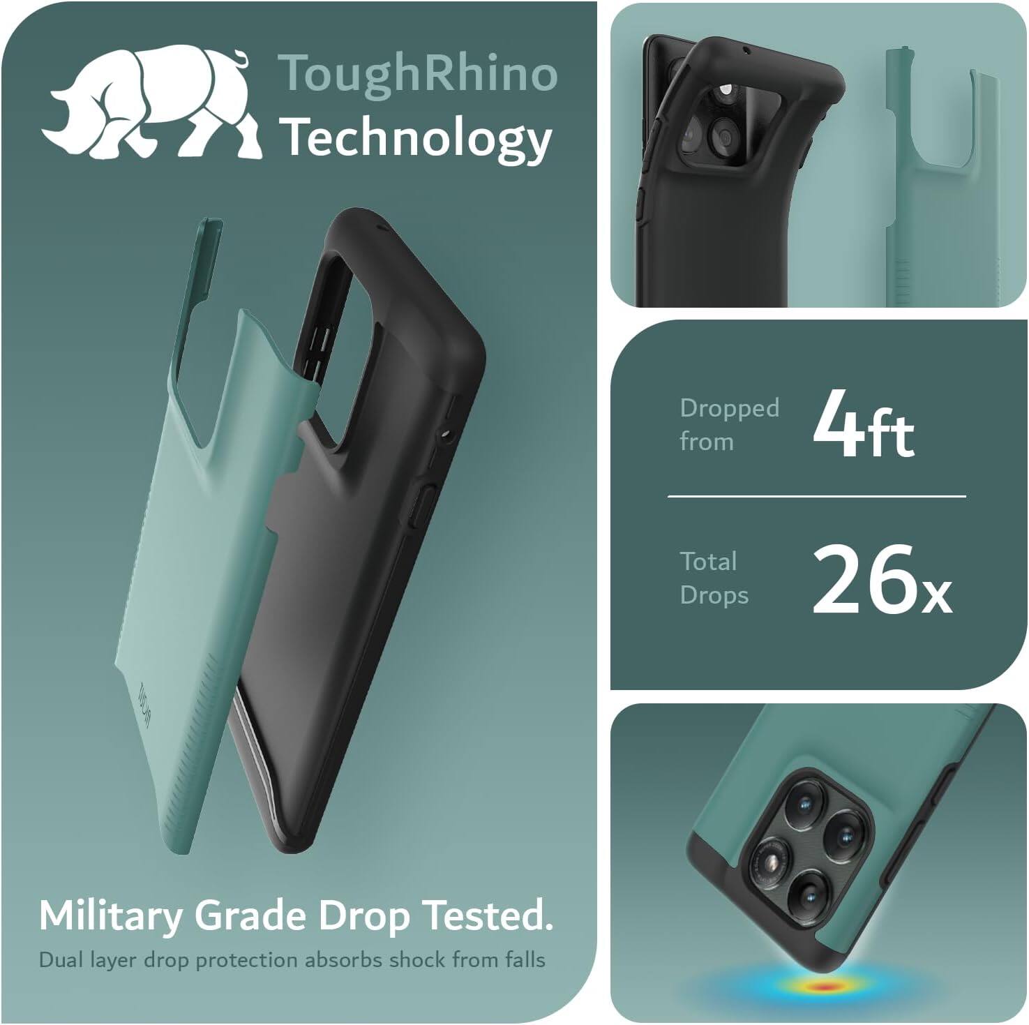 ToughRhino Technology

Dropped from 4ft  
Total Drops 26x

Military Grade Drop Tested.  
Dual layer drop protection absorbs shock from falls