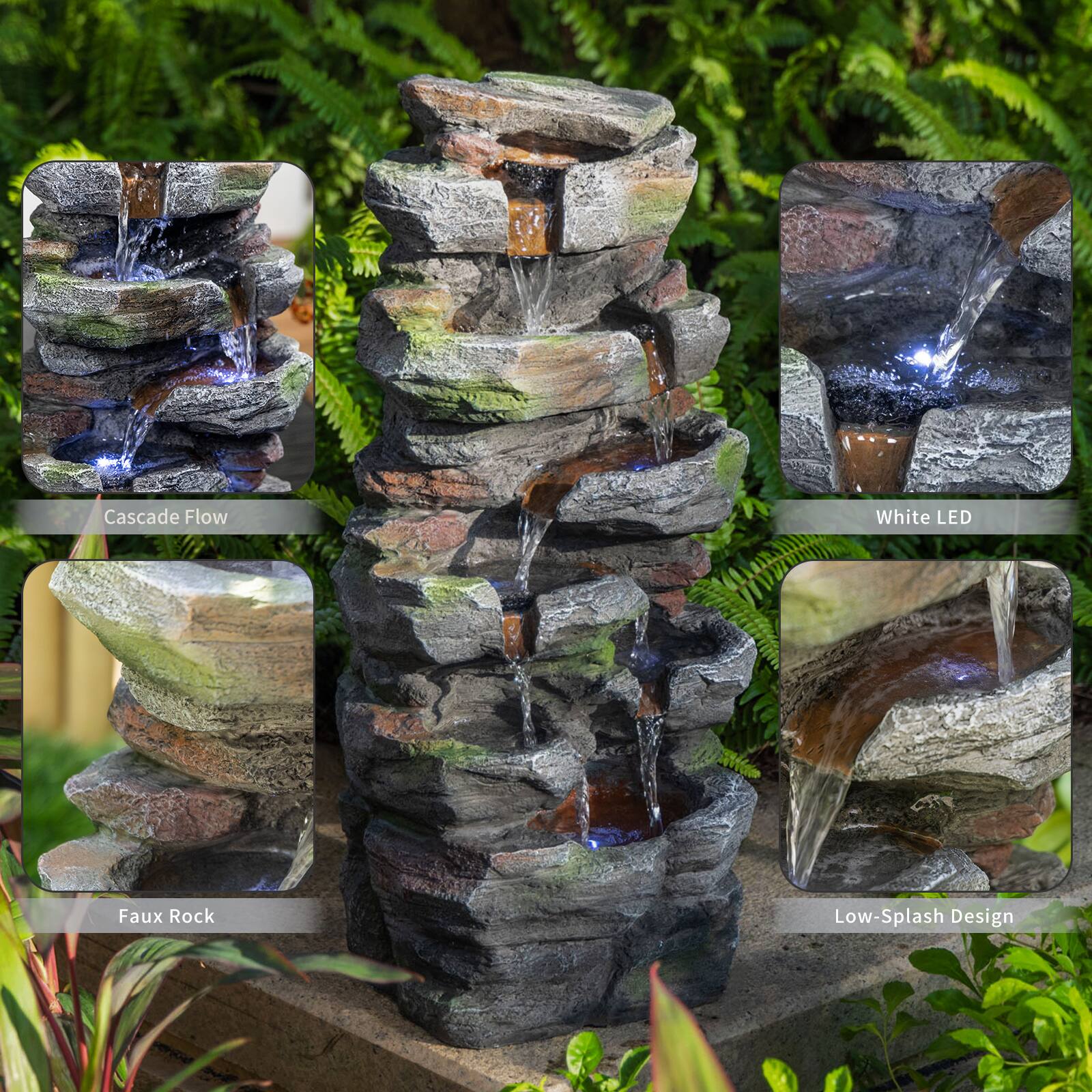 Cascade Flow White LED Faux Rock Low-Splash Design