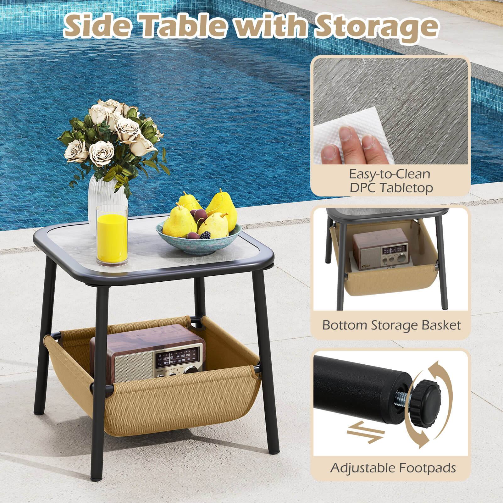 Side Table with Storage

- Easy-to-Clean DPC Tabletop
- Bottom Storage Basket
- Adjustable Footpads