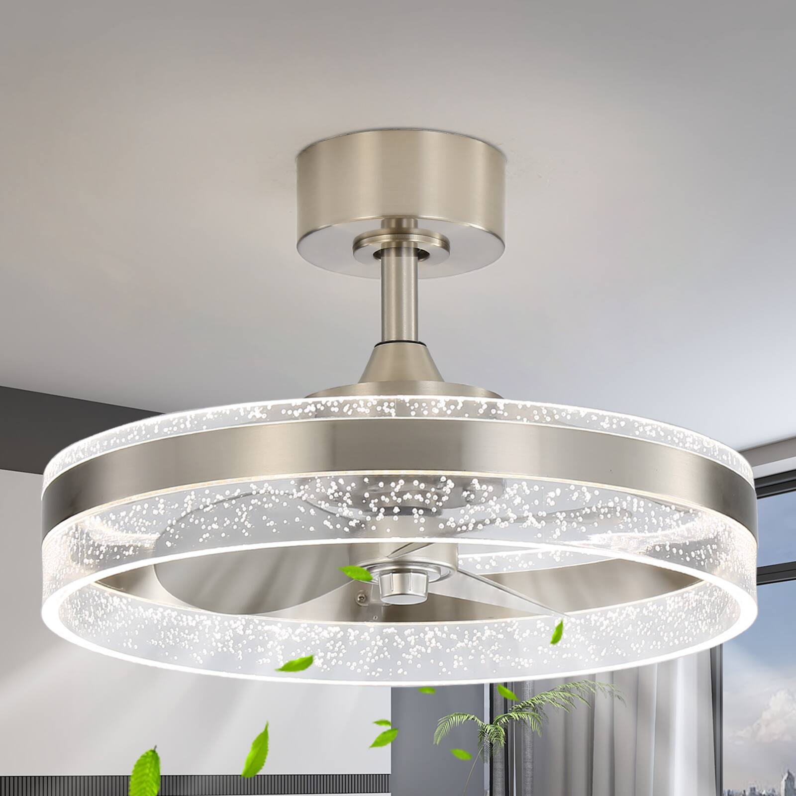 Sofucor - 20'' Low Profile Ceiling Fan with Remote & Dimmable LED Fandelier Modern Light Fixture for Bedroom Kitchen Living Room - Nickel