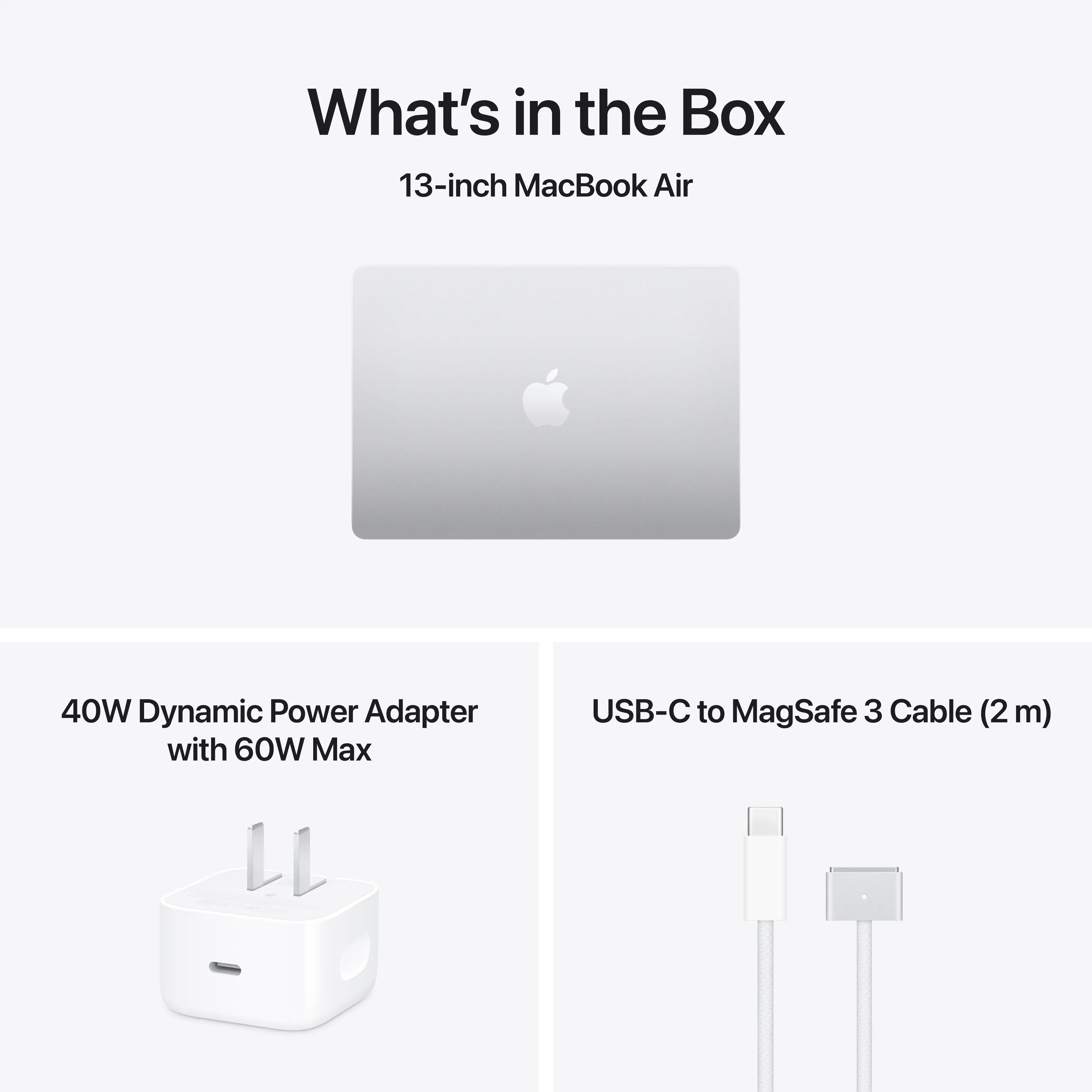 What's in the Box

13-inch MacBook Air

40W Dynamic Power Adapter with 60W Max

USB-C to MagSafe 3 Cable (2 m)