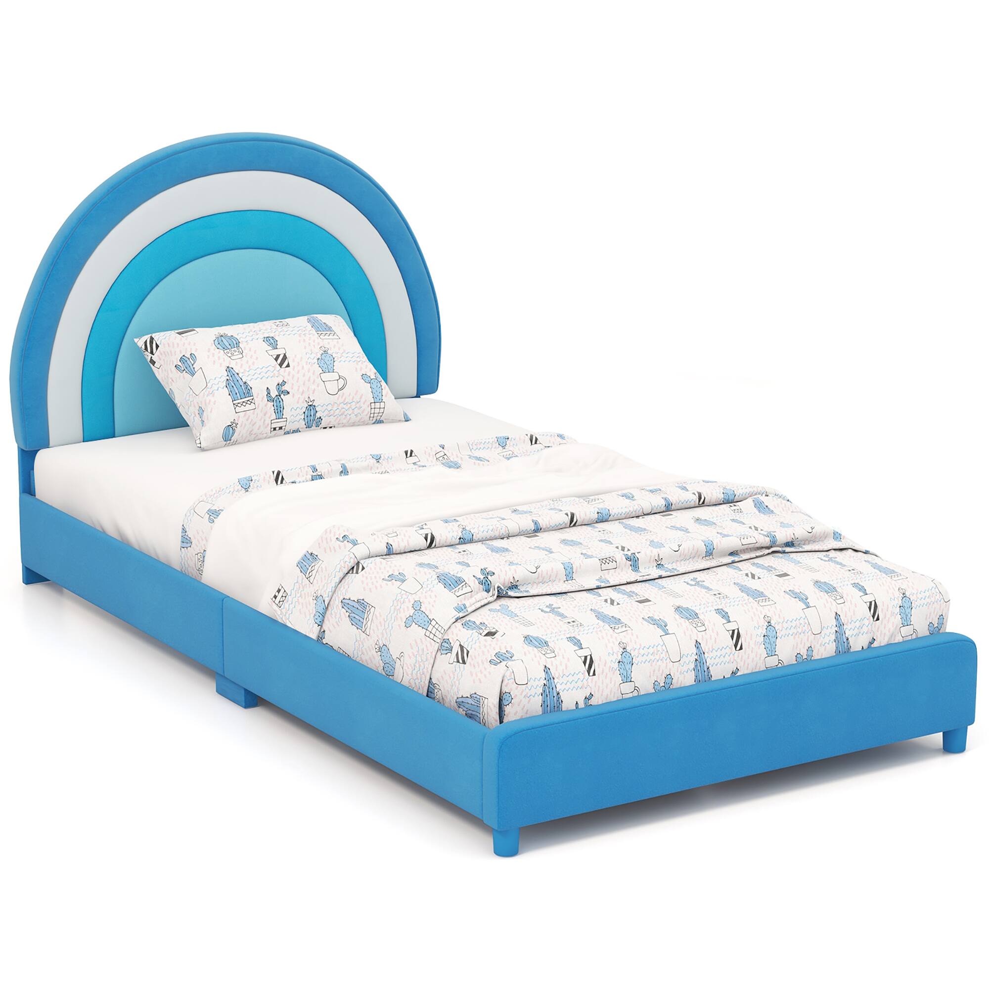 Gymax - Kids Twin Platform Bed Frame Upholstered Twin Size Bed w/ Wooden Slats Support - Blue