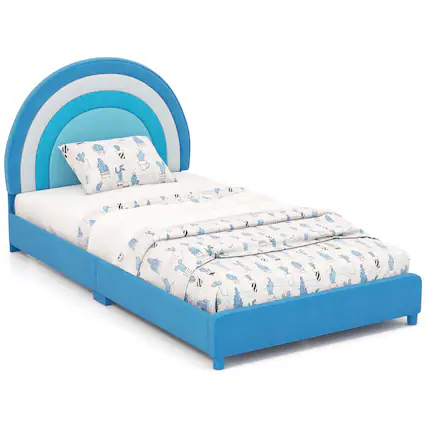 Front. Gymax - Gymax Kids Twin Platform Bed Frame Upholstered Twin Size Bed w/ Wooden Slats Support Blue - Blue.