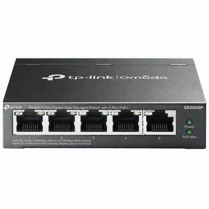 tp-link Omada 5-Port Gigabit Easy Managed Switch with 4-Port PoE+ ES205GP
- Left LED: Green - 1000Mbps, Yellow - 10/100Mbps, Blink - Activity
- Right LED: Solid Green - POE Powered, Flashing Green - POE Fault
Power
PoE Max