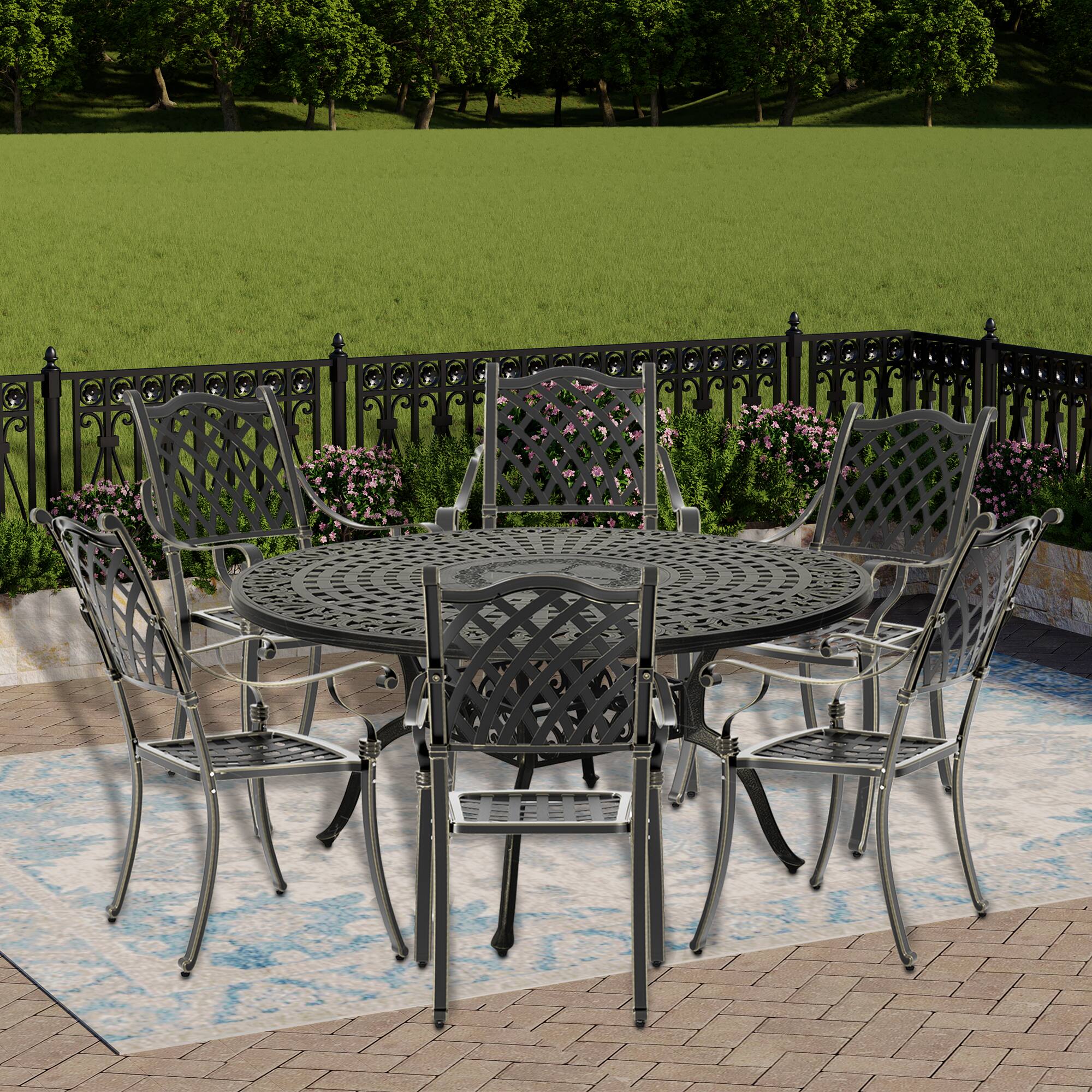 Angle. Mondawe - 7-Piece Cast Aluminum Dining Set with Round Table and 6 Checkered Weave Chairs - Bronze.