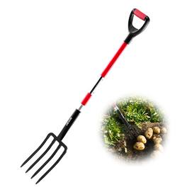 VEVOR - Garden Fork, 4-Tine Gardening Pitchfork with Fiberglass Handle, 45 in Heavy Duty Digging Fork with Y Grip - Red