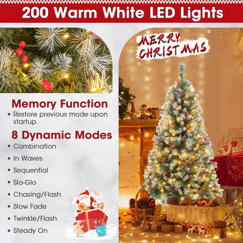200 Warm White LED Lights  
MERRY CHRISTMAS  

Memory Function  
Restore previous mode upon startup  

8 Dynamic Modes  
- Combination  
- In Waves  
- Sequential  
- Slo-Glo  
- Chasing/Flash  
- Slow Fade  
- Twinkle/Flash  
- Steady On