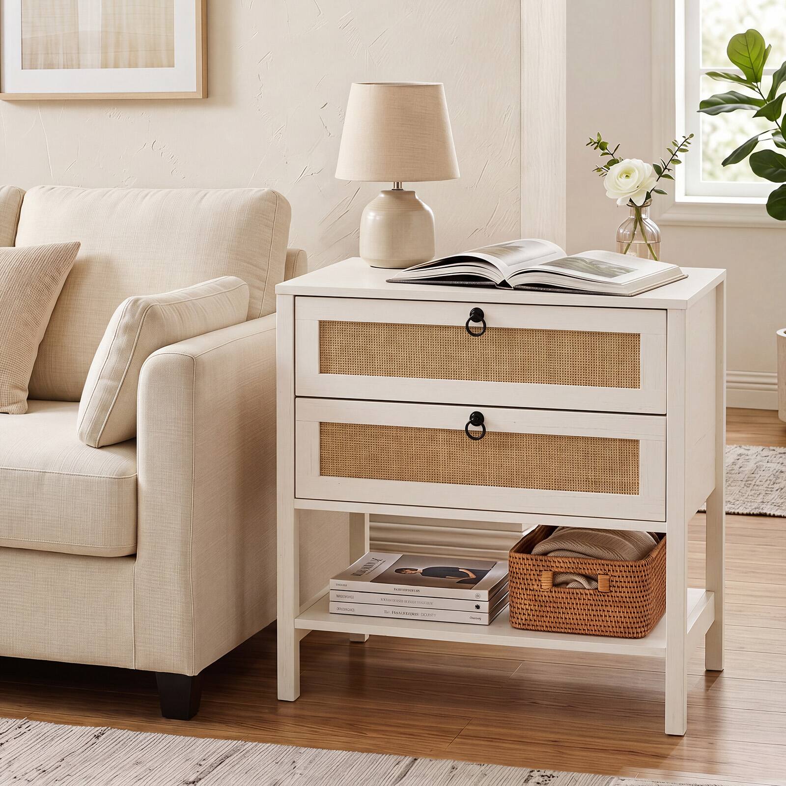 Alt View 1. Costway - Costway 2 PCS 27" Rattan Nightstand with 2 Drawers, Coastalwashed Accent Tablewashed - Whitewashed Oak.
