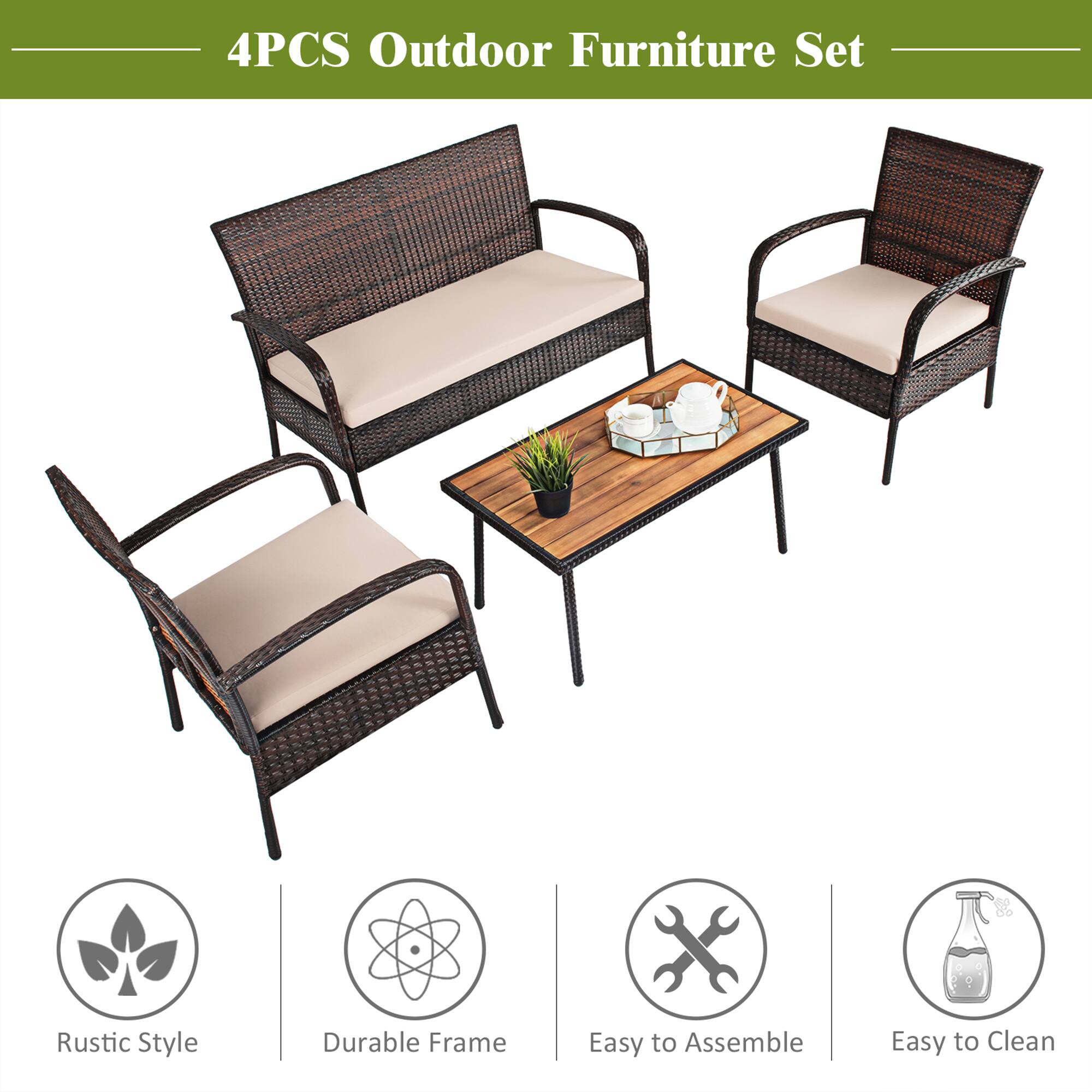 4PCS Outdoor Furniture Set
Rustic Style
Durable Frame
Easy to Assemble
Easy to Clean