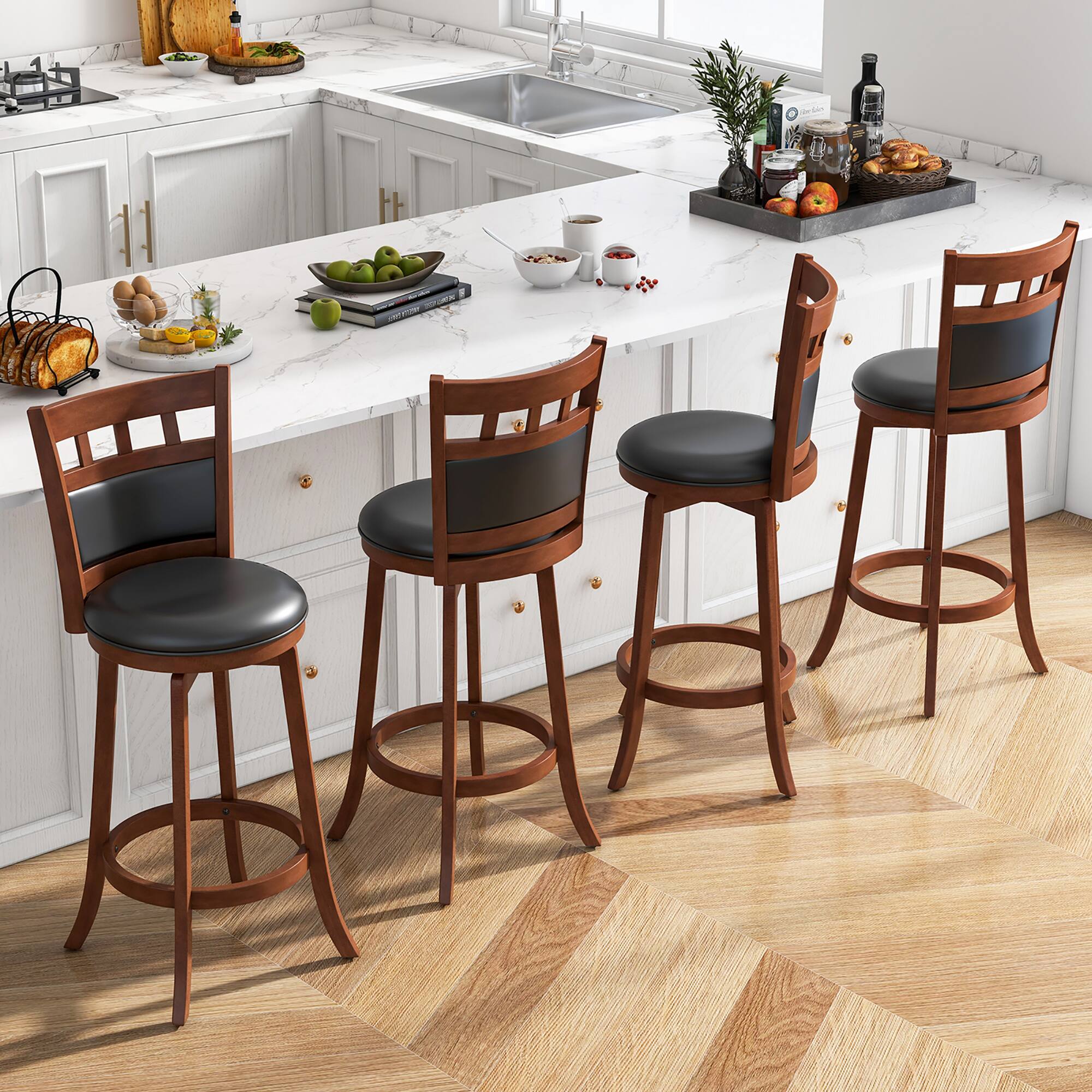 Alt View 1. Gymax - Gymax Wood Swivel Bar Stools Set of 4 w/ Faux Leather Upholstered Seat & Back - Espresso.