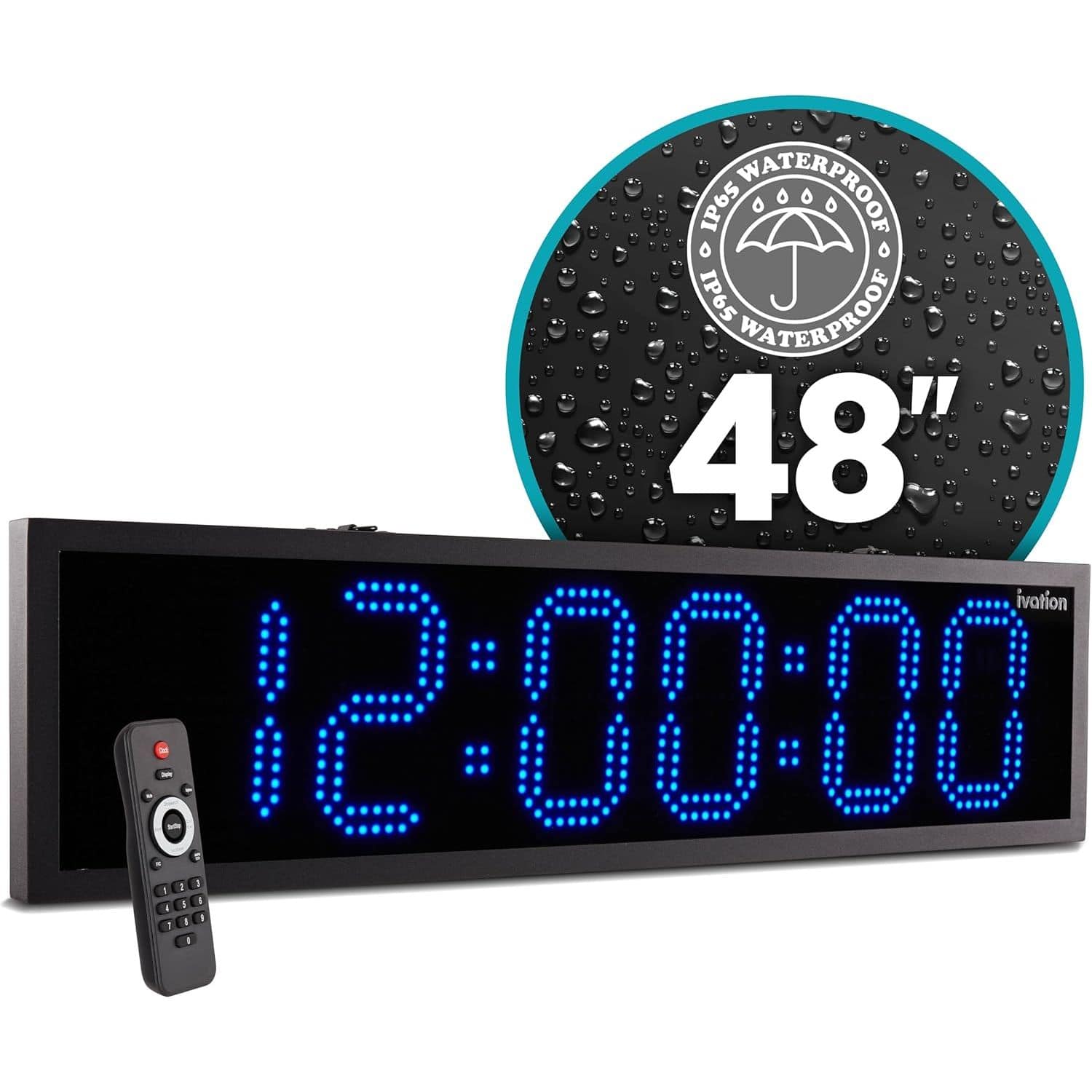 Ivation - 48" Waterproof Large Digital Clock, Outdoor Large LED Clock with Stopwatch, Alarms & More - Blue