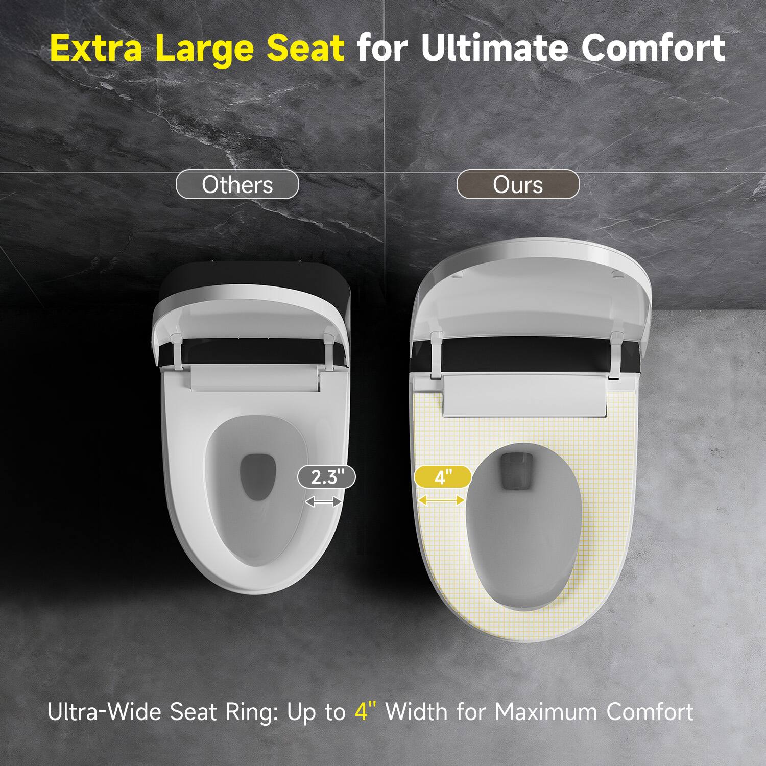 Extra Large Seat for Ultimate Comfort

Others: 2.3"  
Ours: 4"  

Ultra-Wide Seat Ring: Up to 4" Width for Maximum Comfort