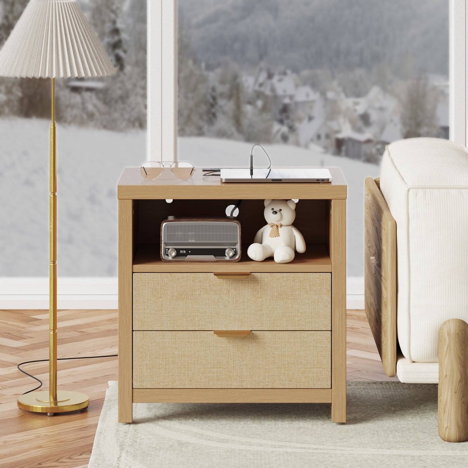 Front. Furologee - 197'' W Nightstand With BuiltIn Outlets2drawer And 2Tier Open Shelf - Yellow.