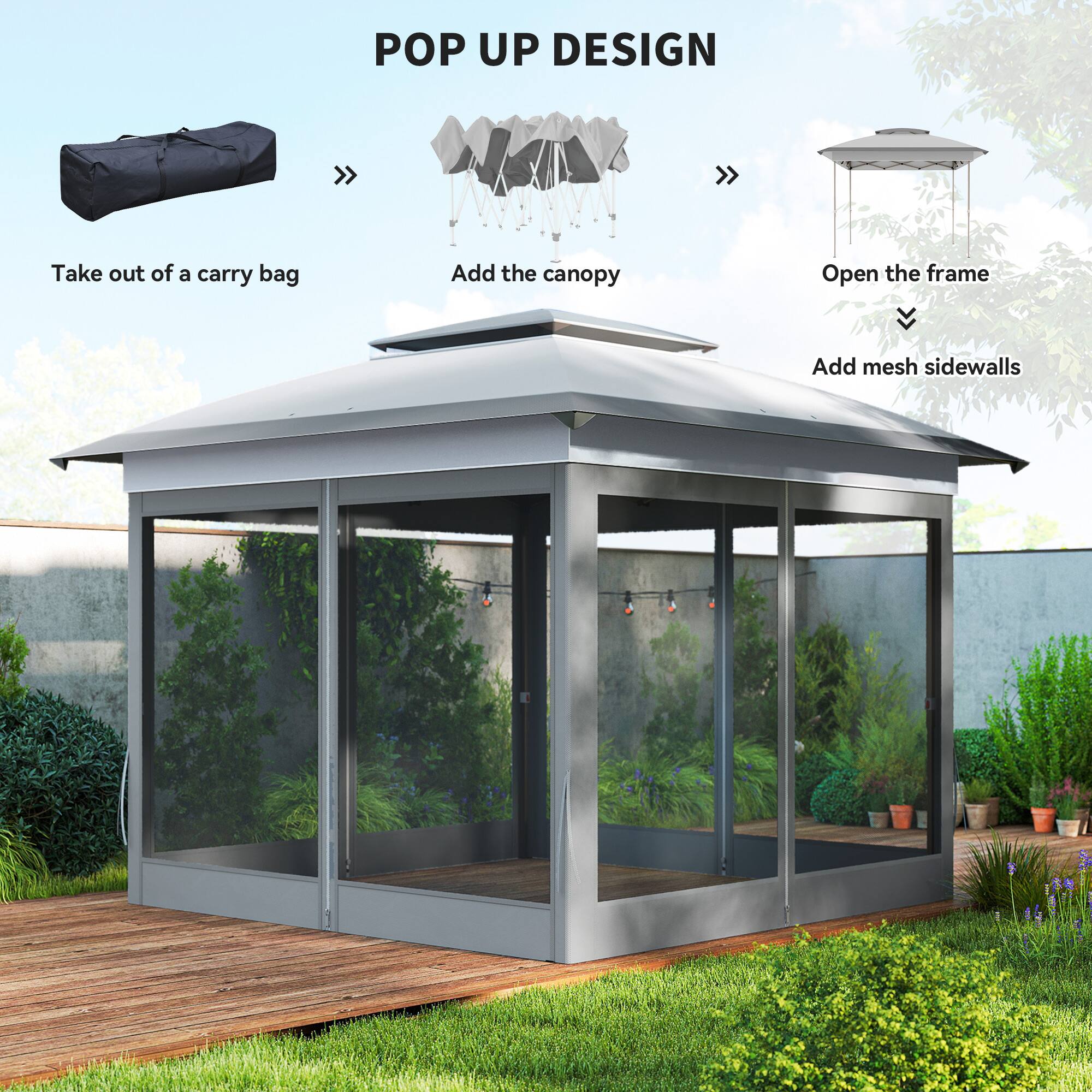 POP UP DESIGN

- Take out of a carry bag
- Add the canopy
- Open the frame
- Add mesh sidewalls