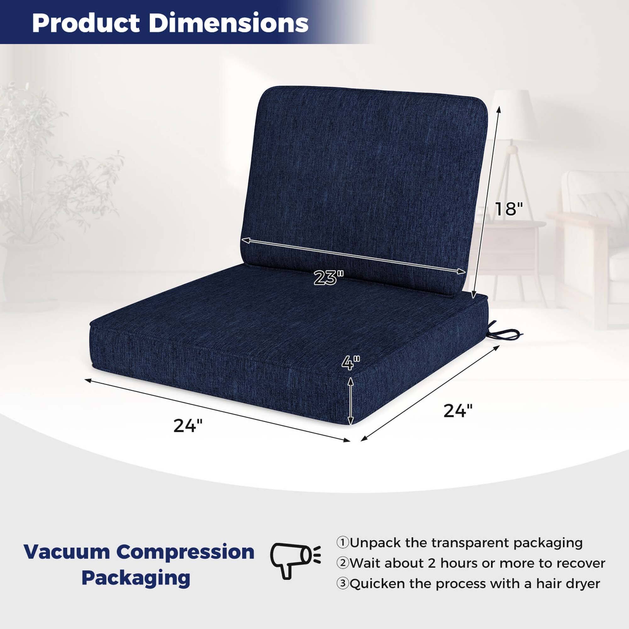 Product Dimensions

- 18"
- 23"
- 4"
- 24"
- 24"

Vacuum Compression Packaging

1. Unpack the transparent packaging
2. Wait about 2 hours or more to recover
3. Quicken the process with a hair dryer