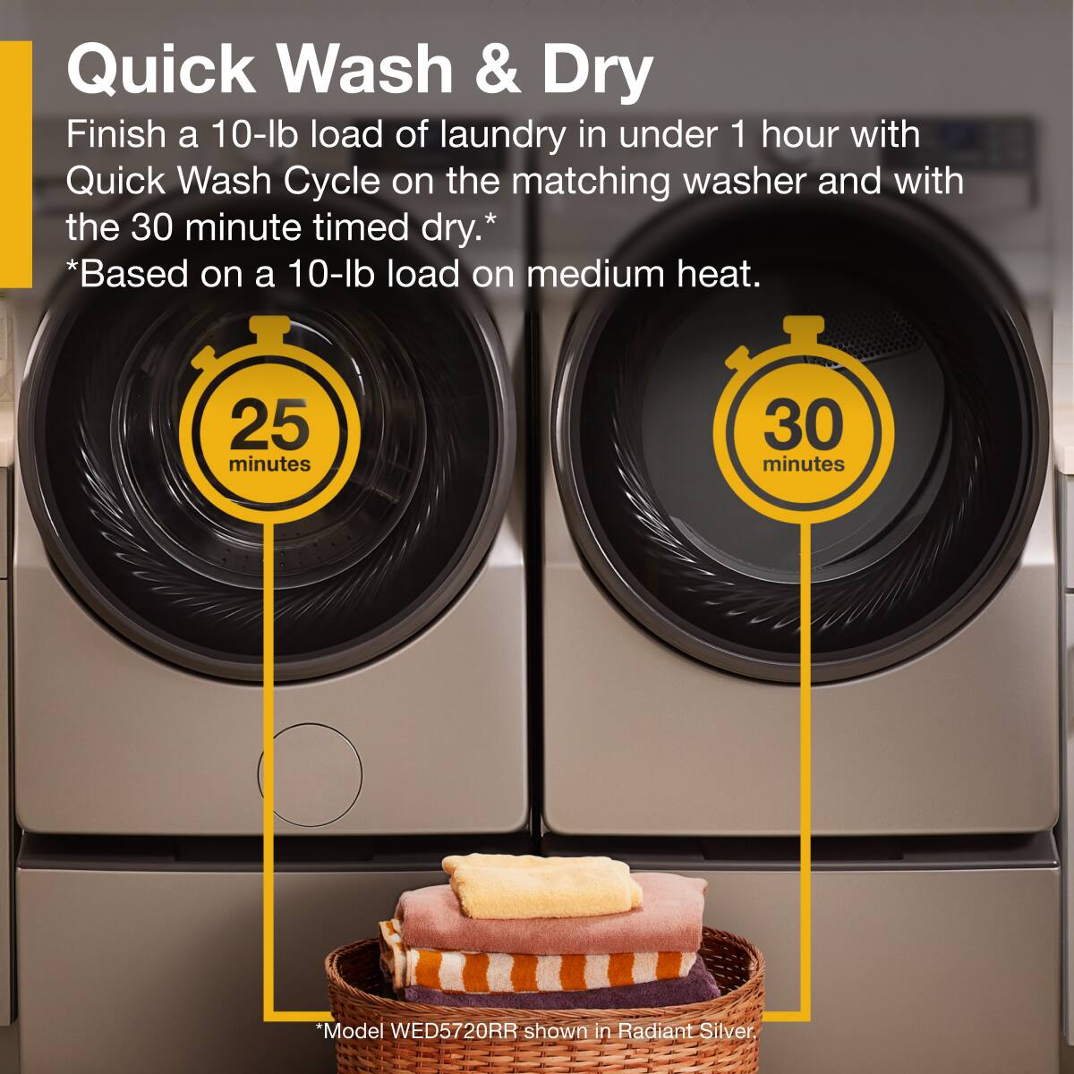 Quick Wash & Dry

Finish a 10-lb load of laundry in under 1 hour with Quick Wash Cycle on the matching washer and with the 30 minute timed dry.*
*Based on a 10-lb load on medium heat.

25 minutes

30 minutes

*Model WED5720RR shown in Radiant Silver.