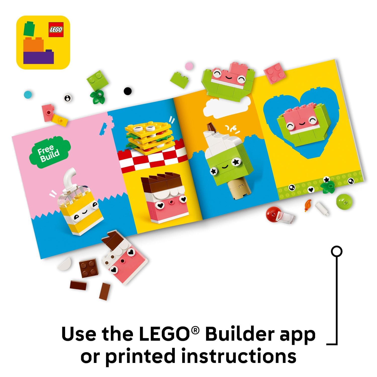 LEGO Free Build: Use the LEGO Builder app or printed instructions.