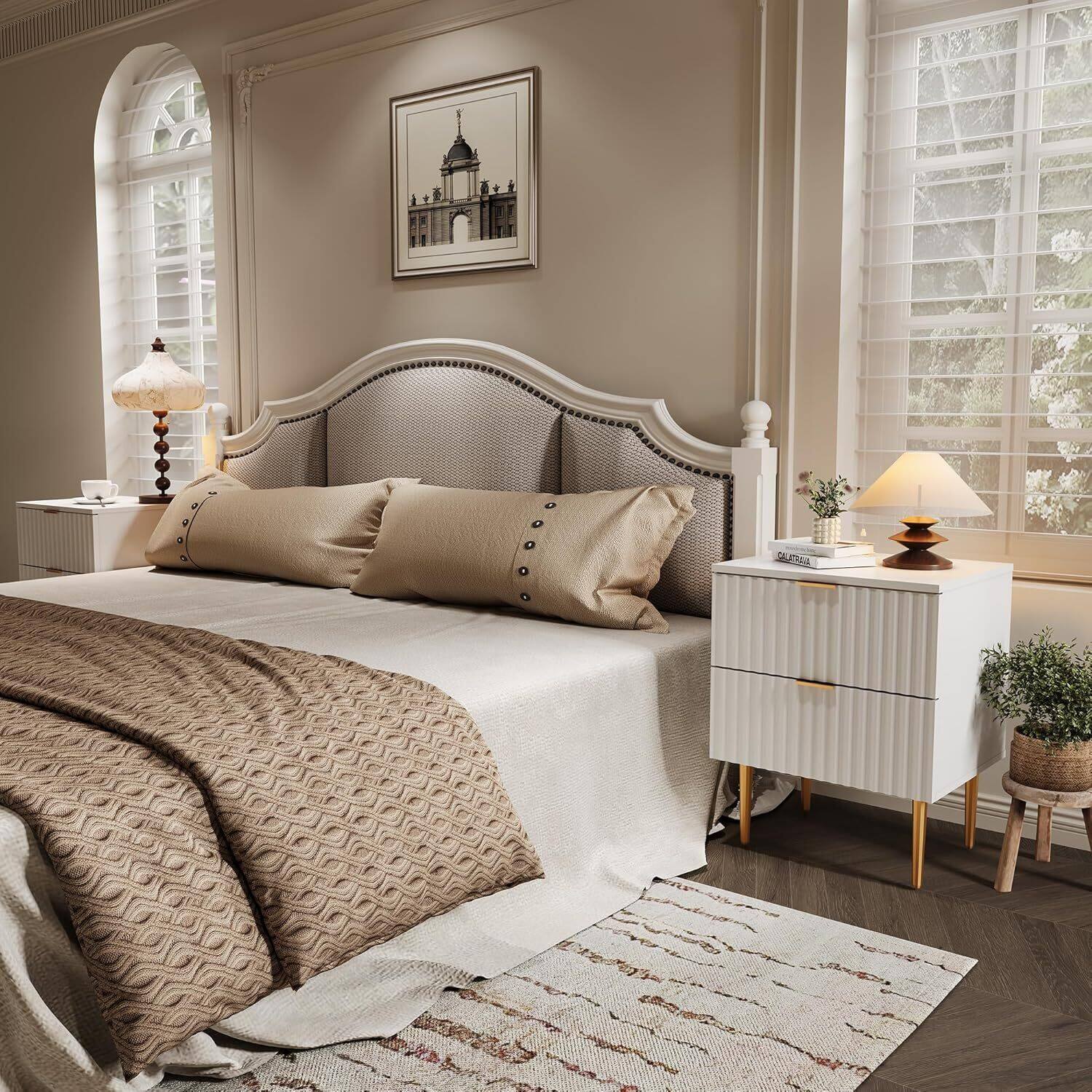 Alt View 5. GARVEE - 2pcs Modern Nightstand with 2 Drawers, Golden and Wood Fluted Night Stand with Charging Station,White - White.