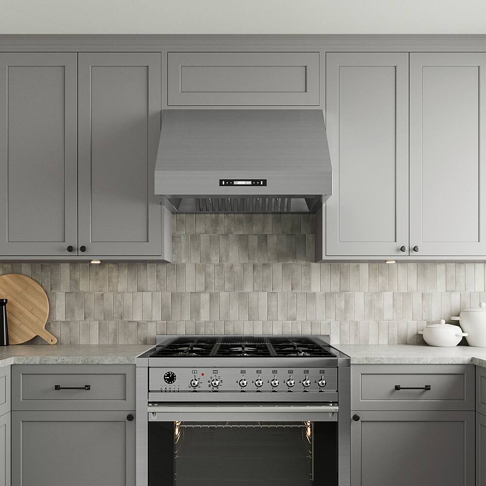 Left. Streamline - 30 in. Diveria Ducted Undermount 350 CFM Range Hood, Baffle Filters, Touchpad Control, LED Light - Brushed Stainless Steel.