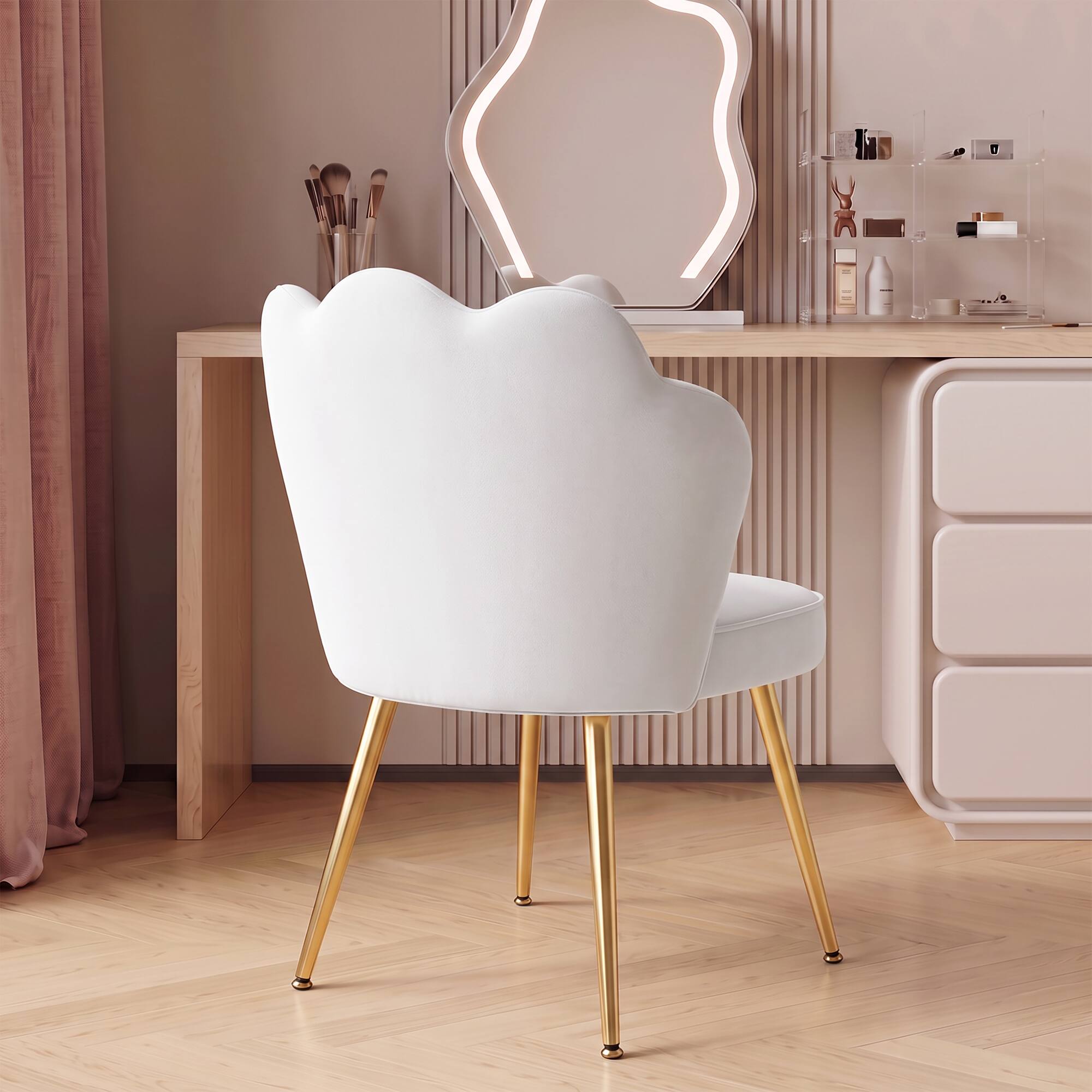 Back. Brick Attic - Velvet Vanity Chair with Flower Shaped Backrest, Adjustable Height Office Chair for Bedroom Makeup Room Apartment - White.